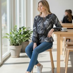 Michael Kors Black and Gray Smocked Waist Tie Front Long Sleeves Top Size M